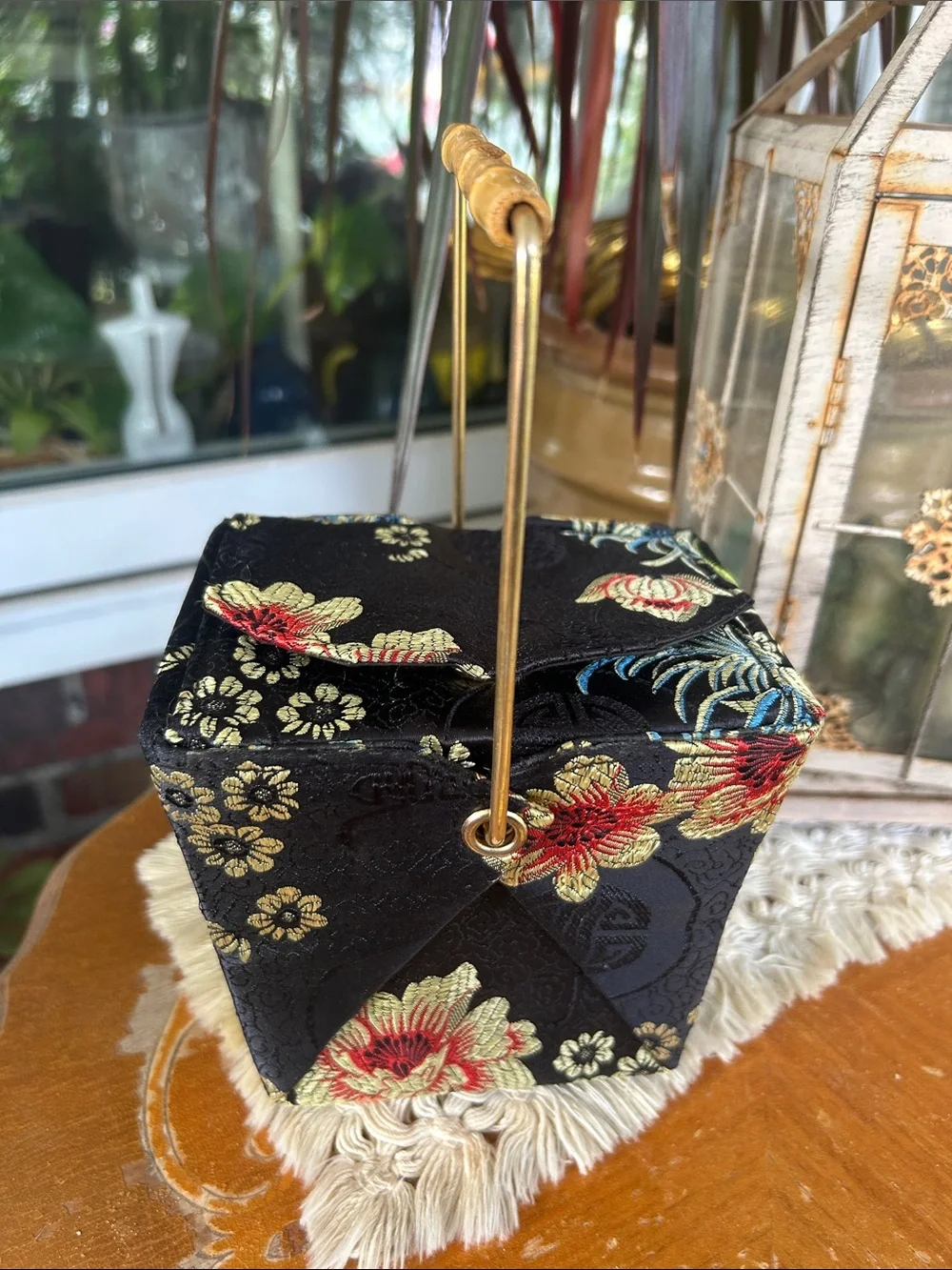 Vintage Chinese Takeout Bag w Bamboo & Brass Handle